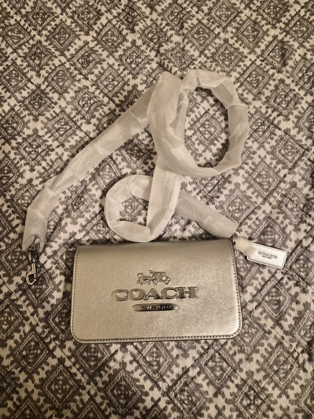 COACH Metallic Silver Logo Crossbody Bag